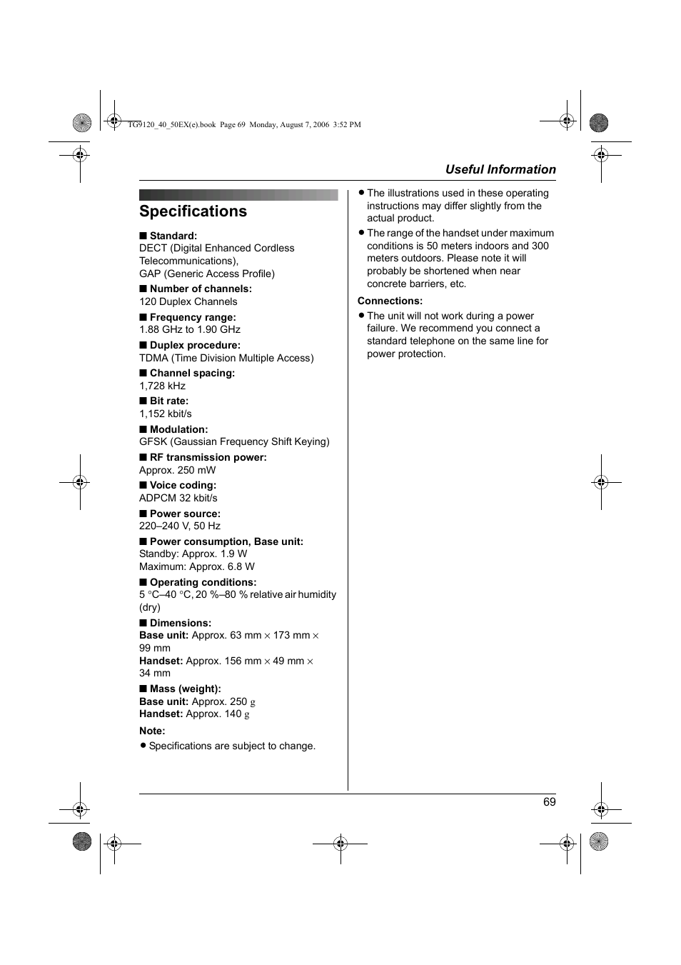 Specifications | Panasonic KXTG9150EX User Manual | Page 69 / 224