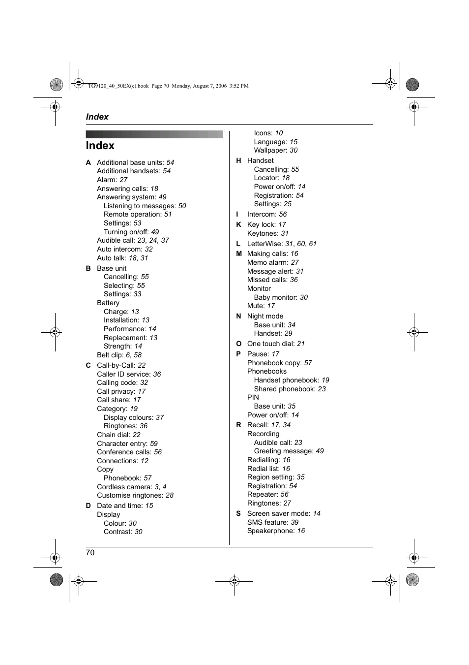 Index | Panasonic KXTG9150EX User Manual | Page 70 / 224