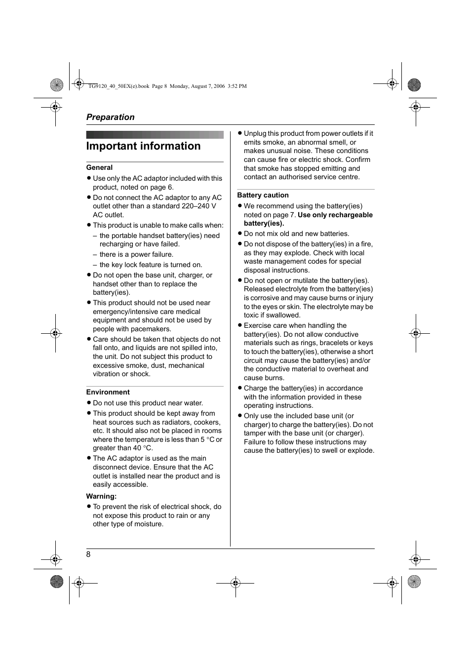 Important information | Panasonic KXTG9150EX User Manual | Page 8 / 224