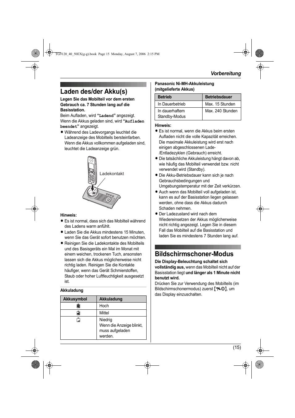 Laden des/der akku(s), Bildschirmschoner-modus, Laden des/der akku(s) bildschirmschoner-modus | Panasonic KXTG9150EX User Manual | Page 87 / 224