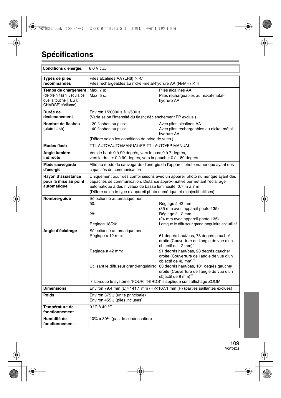 Spécifications | Panasonic DMWFL500E User Manual | Page 109 / 148