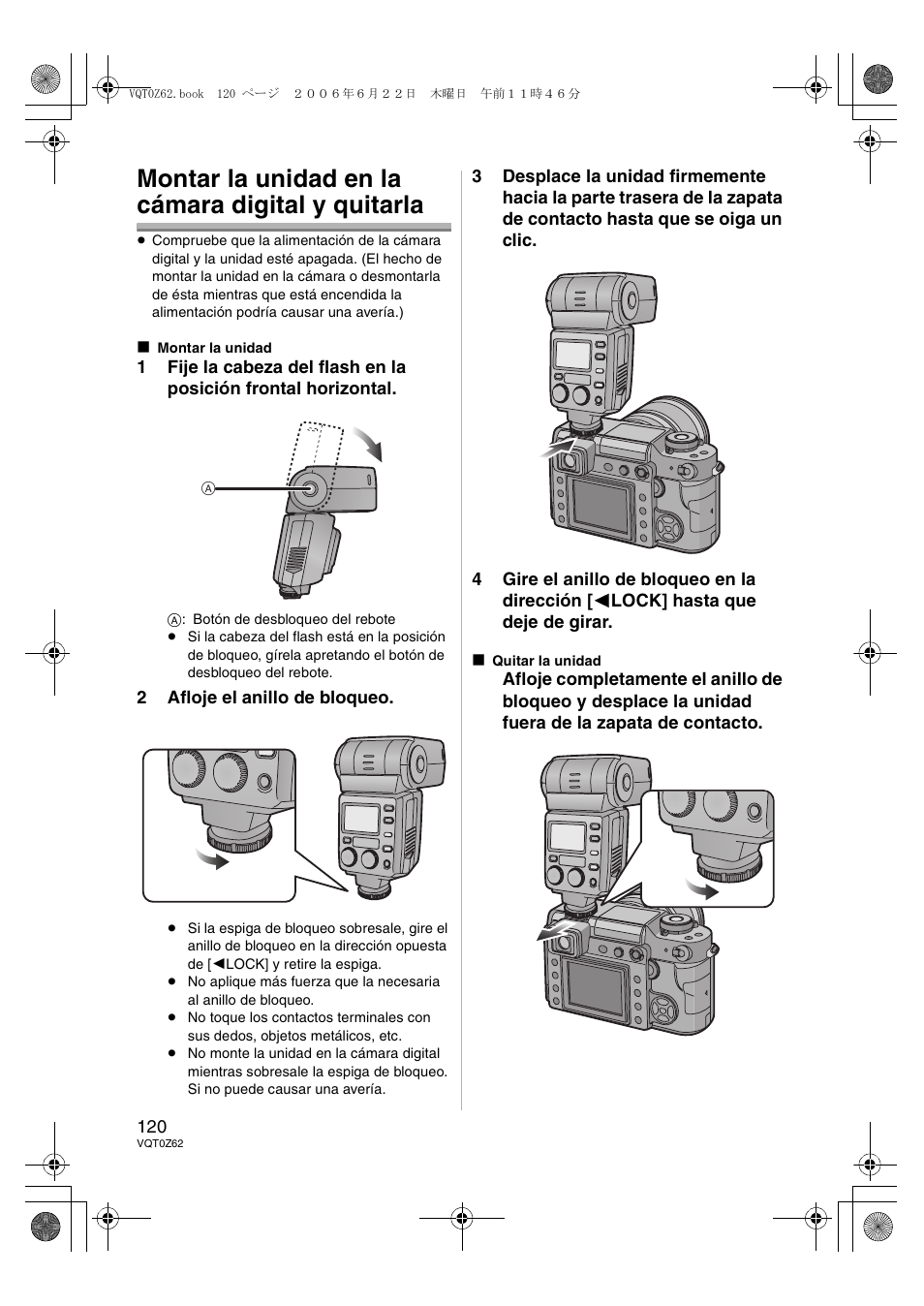 Montar la unidad en la cámara digital y quitarla | Panasonic DMWFL500E User Manual | Page 120 / 148