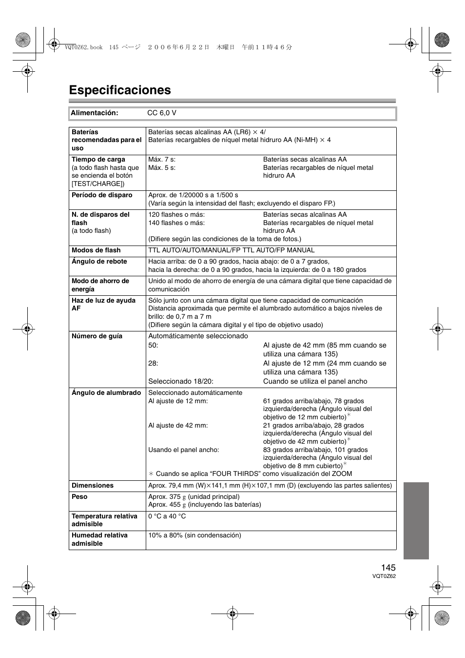 Especificaciones | Panasonic DMWFL500E User Manual | Page 145 / 148