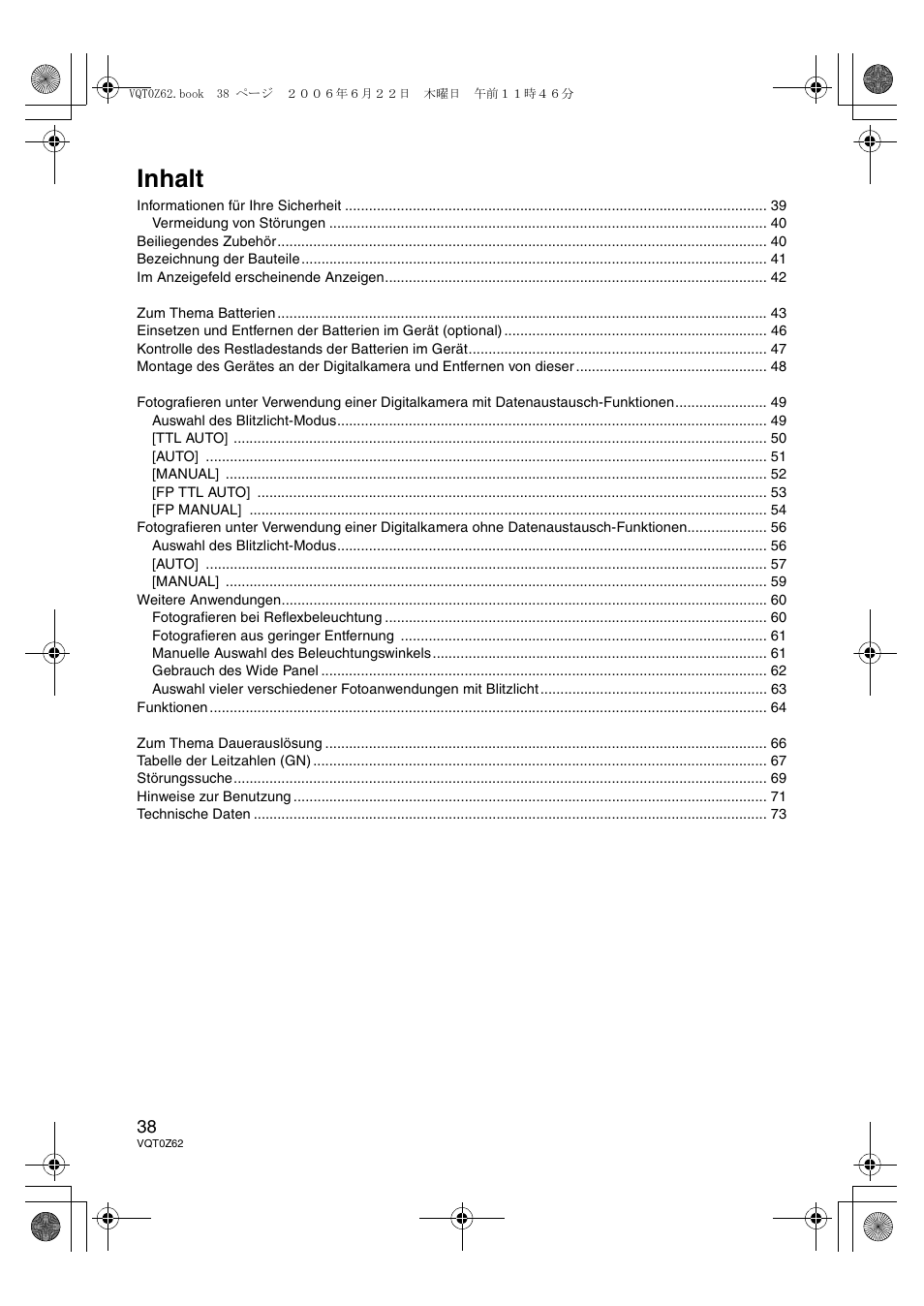 Inhalt | Panasonic DMWFL500E User Manual | Page 38 / 148