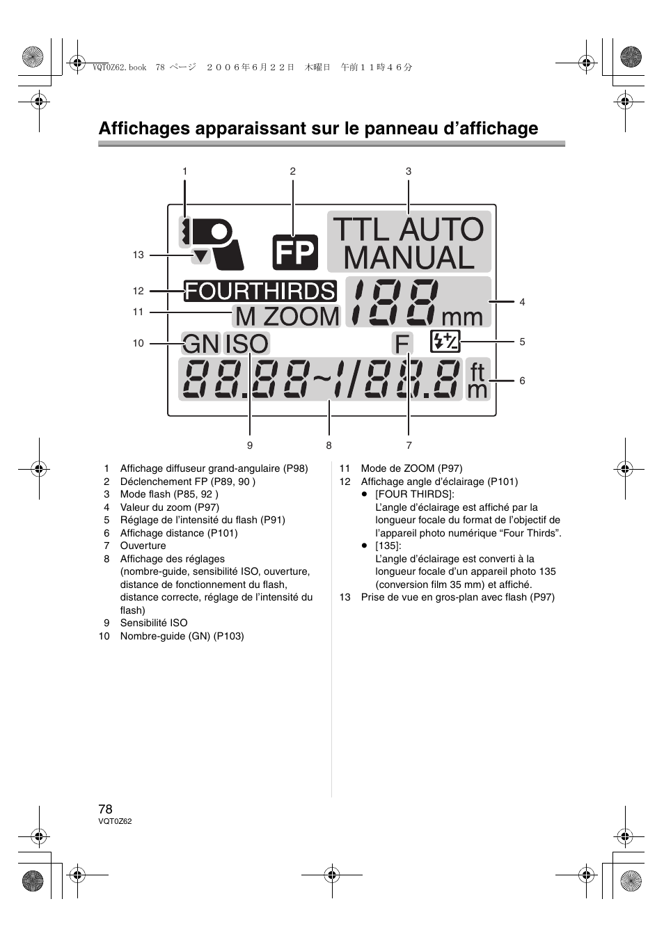 Affichages apparaissant sur le panneau d’affichage | Panasonic DMWFL500E User Manual | Page 78 / 148