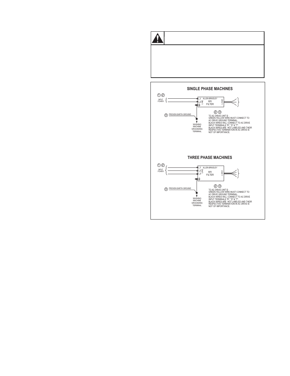Electrical interference, Caution, Electrical interference emi | Figure 21, Three phase machines, Single phase machines | Alliance Laundry Systems 160 User Manual | Page 39 / 111