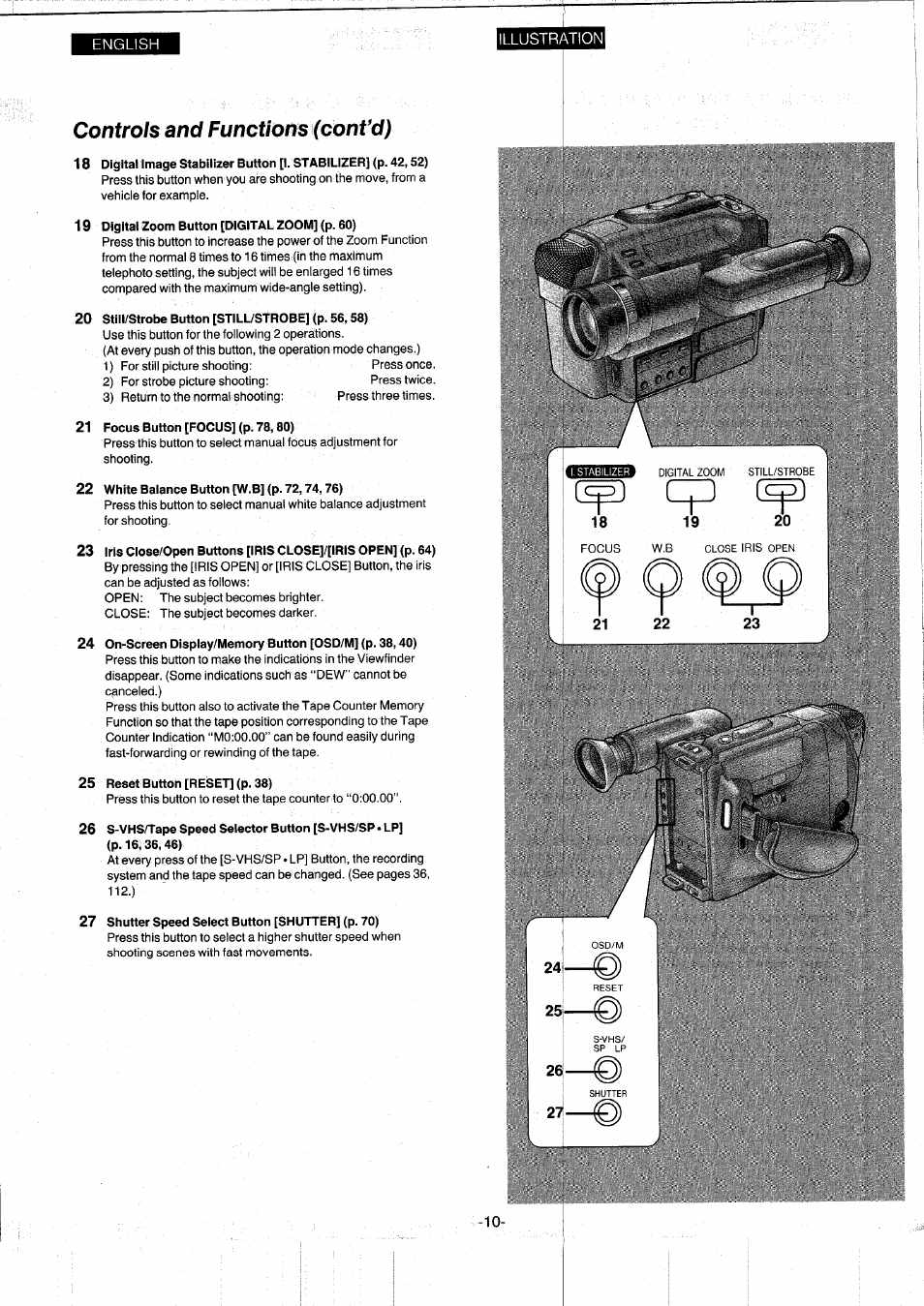 Controls and functions (cont’d), 19 digital zoom button [digital zoom] (p. 60), 20 still/strobe button [stilustrobe] (p. 56,58) | 21 focus button [focus] (p. 78,80), 22 white balance button [w.b] (p. 72,74,76), 25 reset button [reset] (p. 38), 26 s-vhs/tape speed selector button [s-vhs/sp • lp, 27 shutter speed select button [shutter] (p. 70), Controls and functions | Panasonic NVS7EG User Manual | Page 10 / 118