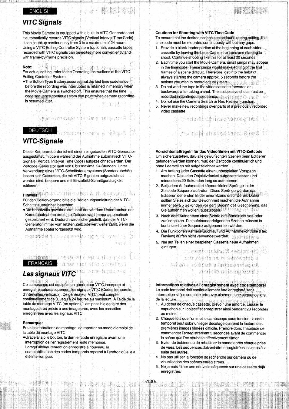 Vitcsignals, Note, Cautions fdr shooting with vitc time code | Vitc-signale, Hinweis, Les signaux vitc, Remarque, Vitcsignais, Vitc-'signale, Signaux vitc | Panasonic NVS7EG User Manual | Page 100 / 118