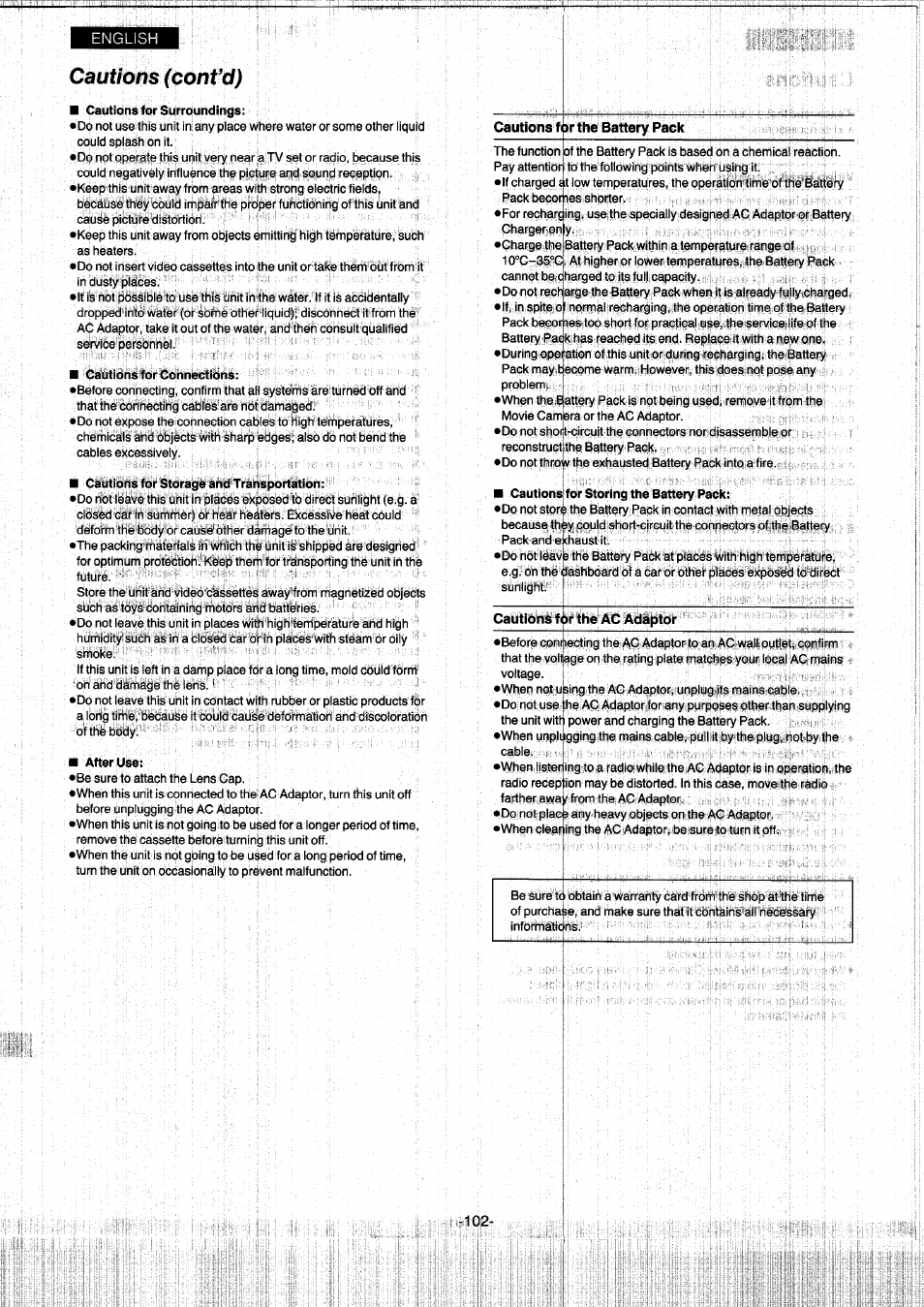 Cautions (convd), Cautions for the battery pack | Panasonic NVS7EG User Manual | Page 102 / 118