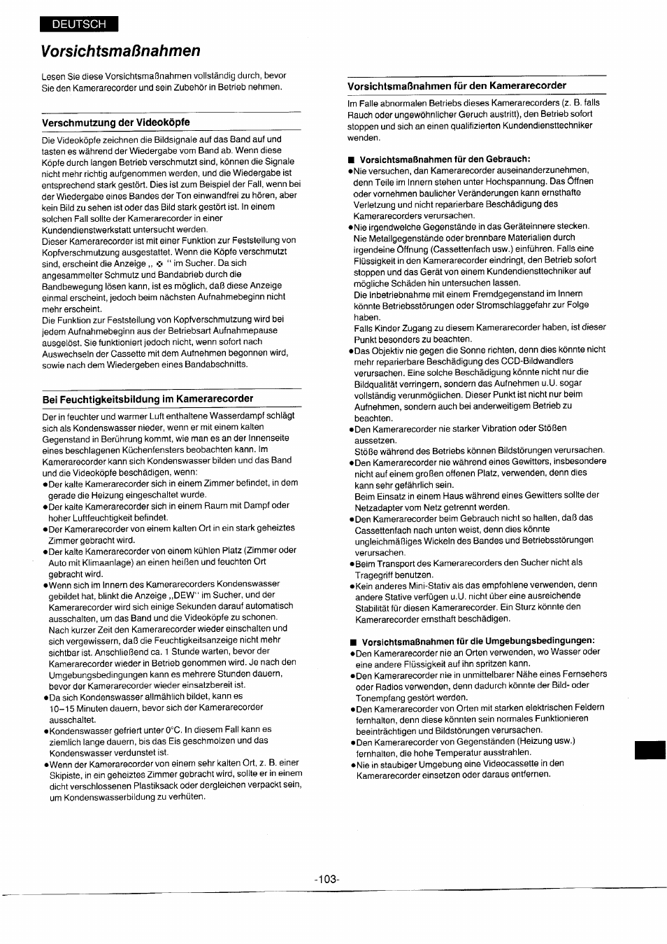 Vorsichtsmaßnahmen, Vorsichtsmaßnahmen für den gebrauch, Vorsichtsmaßnahmen für die umgebungsbedingungen | Panasonic NVS7EG User Manual | Page 103 / 118