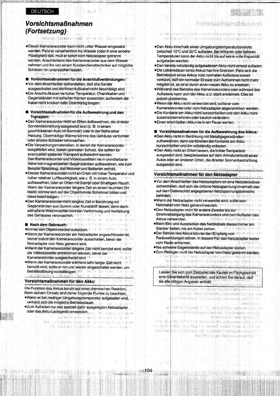 Vorsichtsmaßnahmen, Fortsetzung), Vorsichtsmaßnahmen für den aüku | Vorsichtjsmaßnahmen für den netzadapter, Vorsichtsmaßnahmen (fortsetzung) | Panasonic NVS7EG User Manual | Page 104 / 118