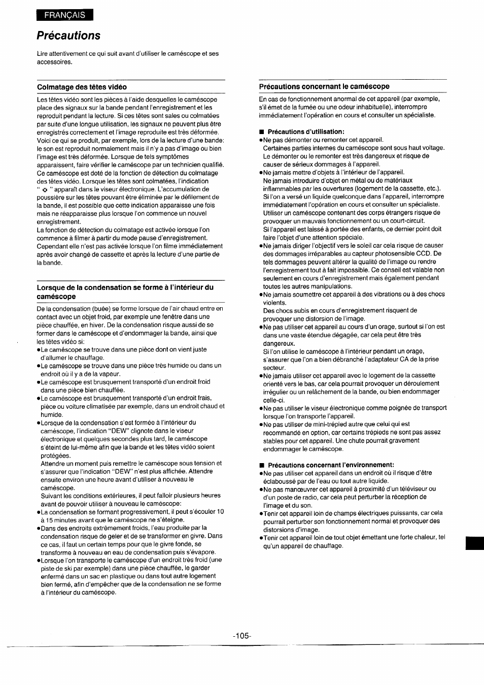 Précautions | Panasonic NVS7EG User Manual | Page 105 / 118
