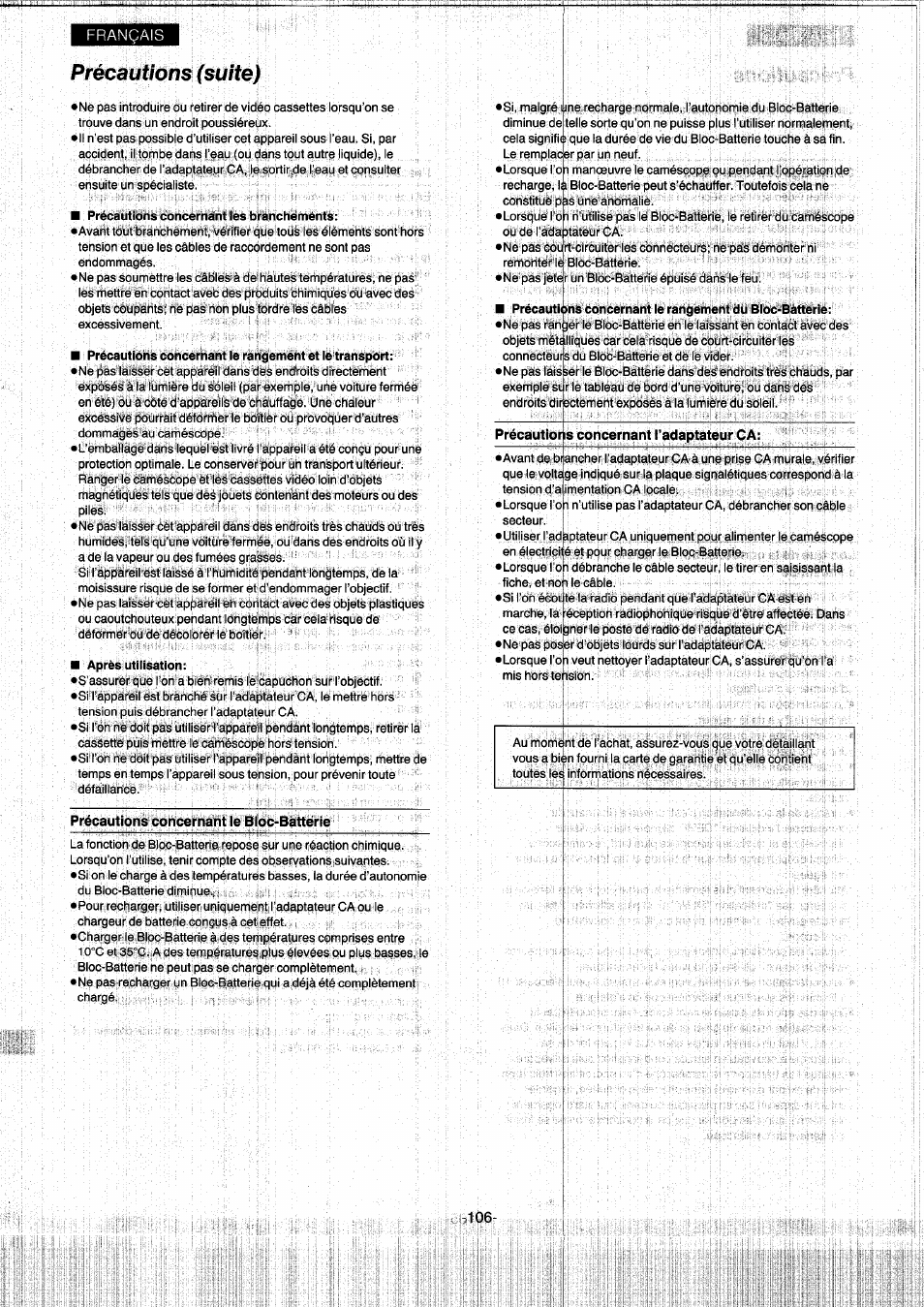 Précautions (suite) | Panasonic NVS7EG User Manual | Page 106 / 118