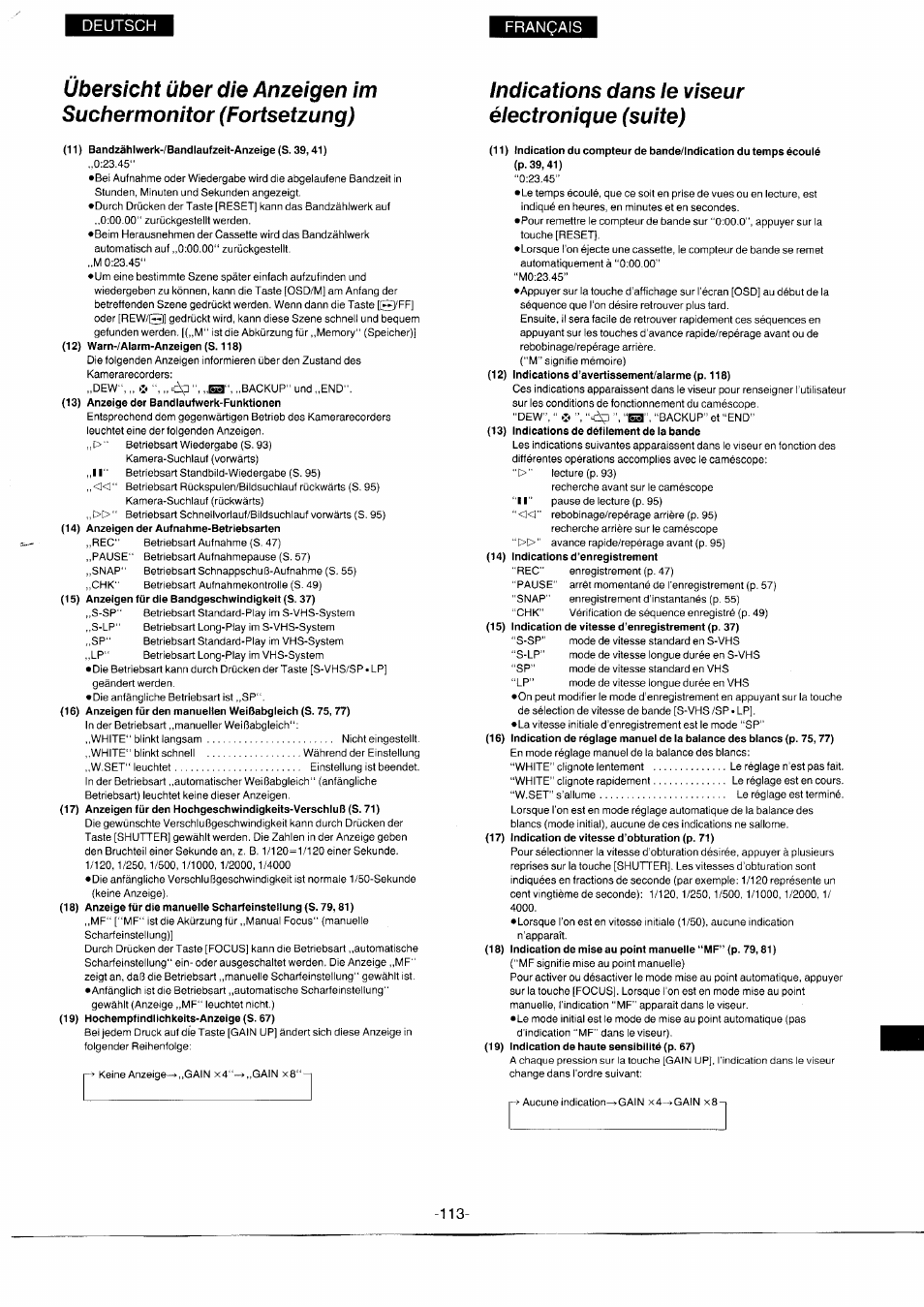 Indications dans ie viseur électronique (suite), Übersicht über die anzeigen im suchermonitor, Indications dans le viseur électronique | Deutsch français | Panasonic NVS7EG User Manual | Page 113 / 118