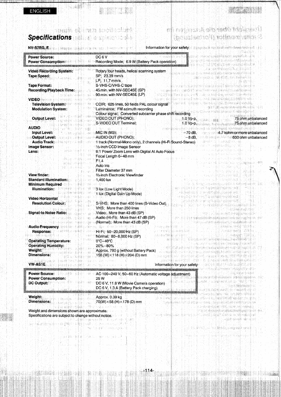 Specifications, Nv-s7^g, e, Power source | Video recording system: tape speed, Tapeformat: recording/piayback time, Video, Output level, Audio, Viewfinder, Video horizontal resolution colour | Panasonic NVS7EG User Manual | Page 114 / 118