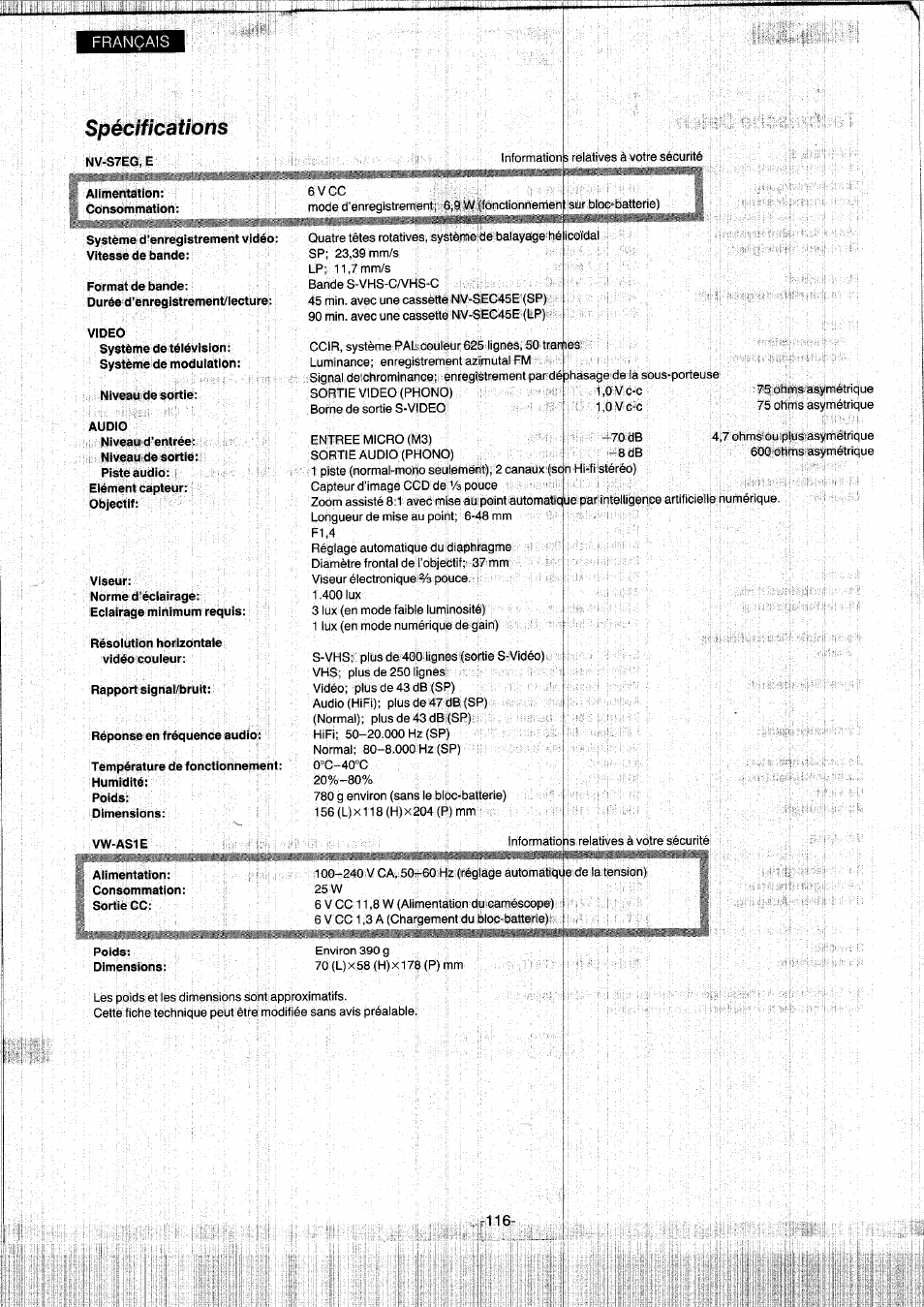 Spécifications | Panasonic NVS7EG User Manual | Page 116 / 118