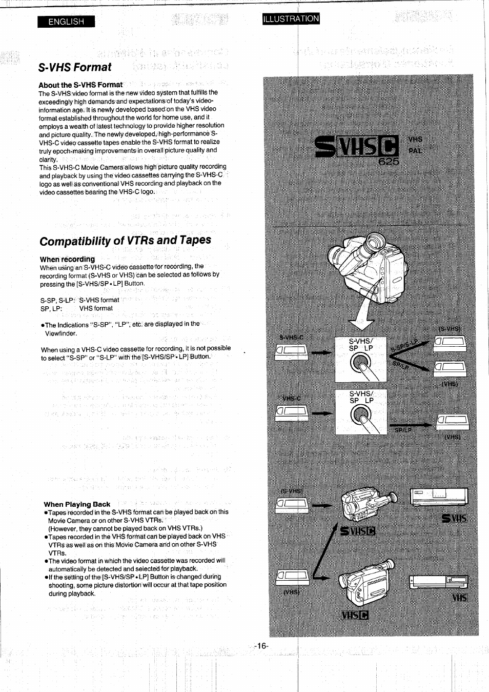 S-vhs format, Compatibility of vtrs and tapes, When playing back | S-vhs format compatibility of vtrs and tapes, Svilss | Panasonic NVS7EG User Manual | Page 16 / 118