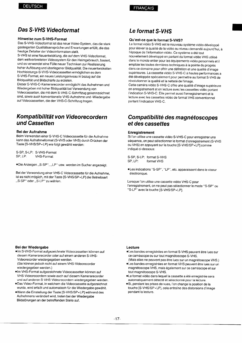 Das s-vhs videoformat, Le format s-vhs, Kompatibilität von videorecordern und cassetten | Compatibilité des magnétoscopes et des cassettes, Format s-vhs | Panasonic NVS7EG User Manual | Page 17 / 118