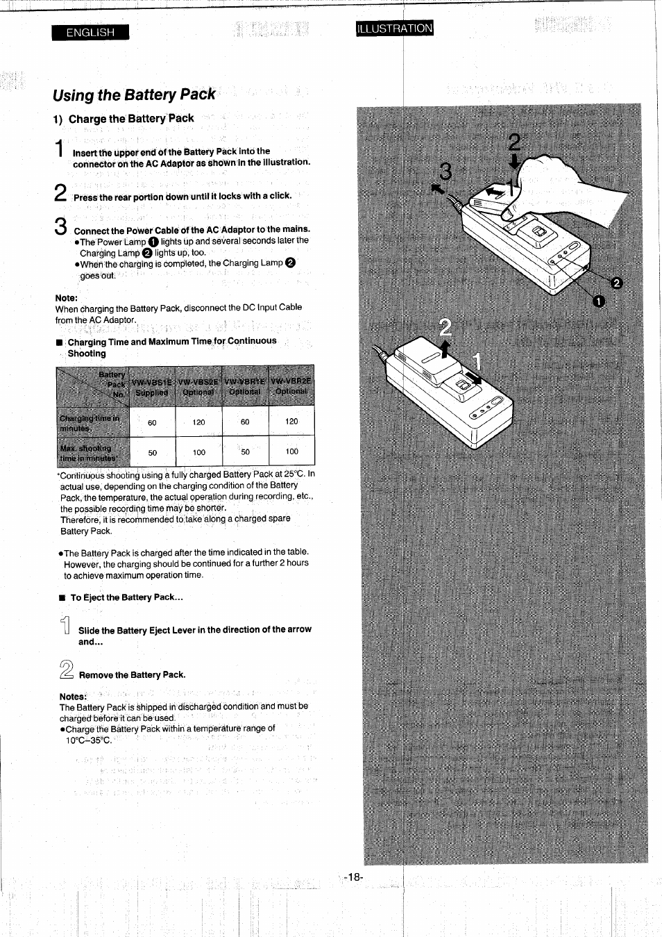 Using the battery pack, 1) charge the battery pack, Note | To eject the battery pack, Remove the battery pack, Notes | Panasonic NVS7EG User Manual | Page 18 / 118