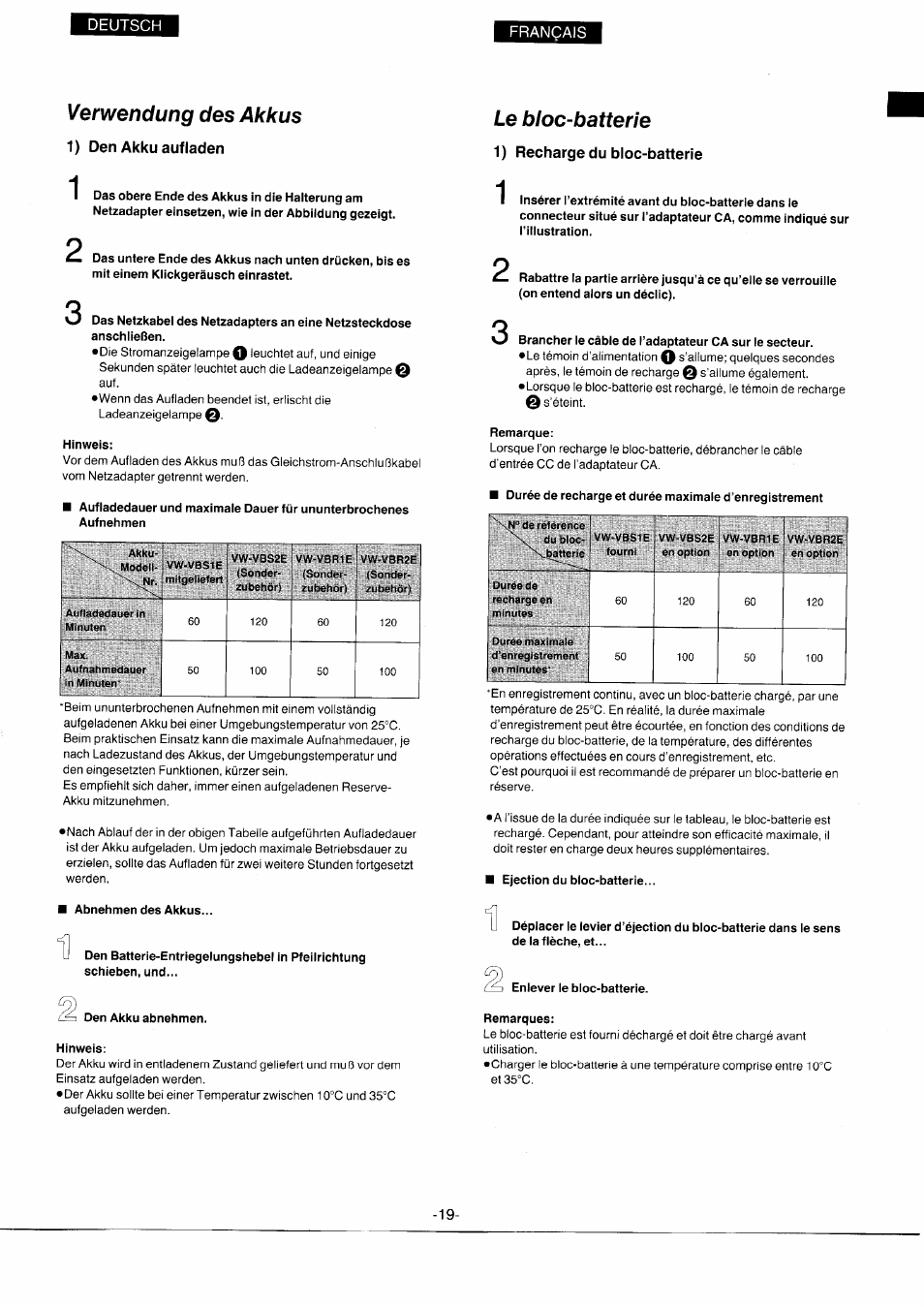 Verwendung des akkus, 1) den akku auf laden, Le bloc-batterie | 1) recharge du bloc-batterie, Bloc-batterie | Panasonic NVS7EG User Manual | Page 19 / 118