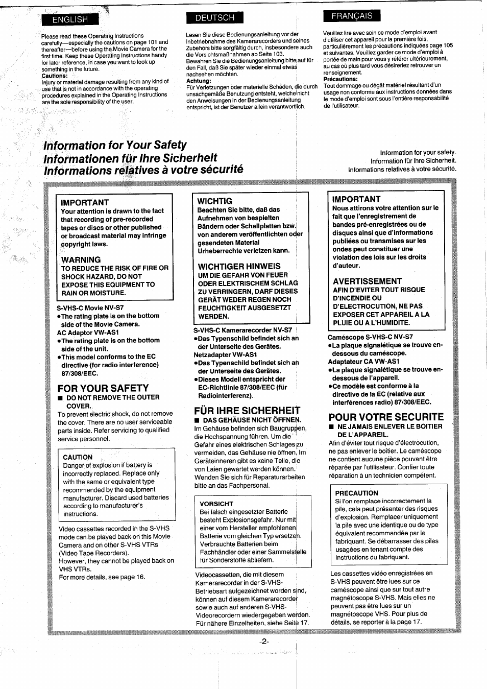 Important, Warning, For your safety | Do not remove the outer cover, Für ihre sicherheit, Das gehäuse nicht öffnen, Pour votre securite, Ne jamais enlever le boitier de l’appareil | Panasonic NVS7EG User Manual | Page 2 / 118