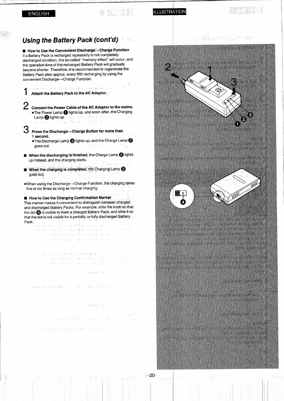 Using the battery pack (cont’d), Attach the battery pack to the ac adaptor, How to use the charging confirmation marker | Panasonic NVS7EG User Manual | Page 20 / 118