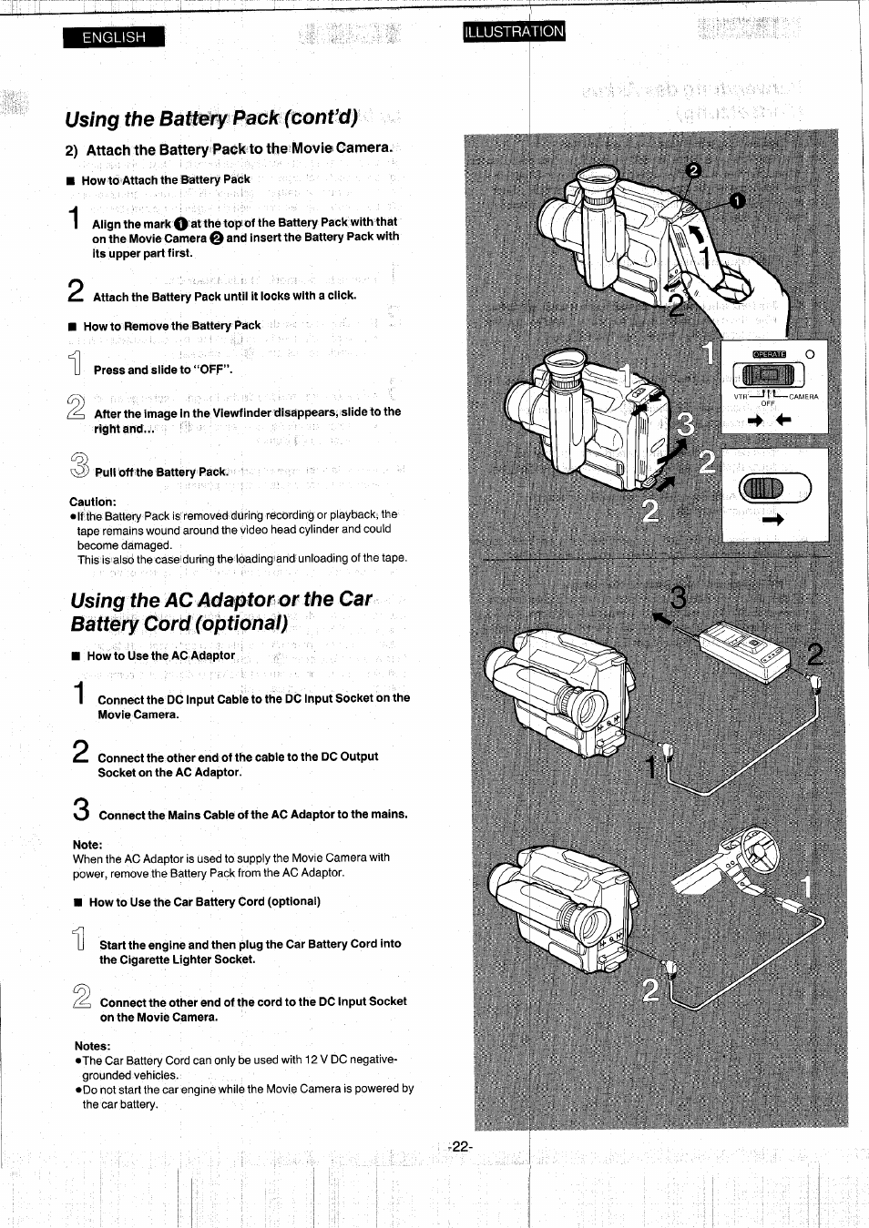 Using the battery pack (cant'd), 2) attach the battery pack to the movie camera | Panasonic NVS7EG User Manual | Page 22 / 118