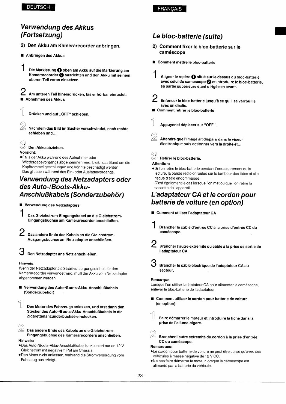 Verwendung des akkus (fortsetzung), 2) den akku am kamerarecorder anbringen, Le bloc-batterie (suite) | 2) comment fixer le bloc-batterie sur le caméscope | Panasonic NVS7EG User Manual | Page 23 / 118
