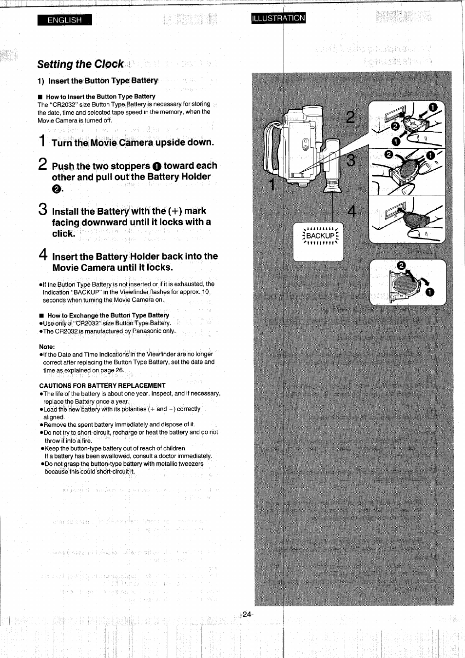 Setting the clock, 1) insert the buttbn type battery, How to insert the button type battery | 1 turn the movie camera upside down, How to exchange the button type battery, Note, Cautions for battery replacement | Panasonic NVS7EG User Manual | Page 24 / 118