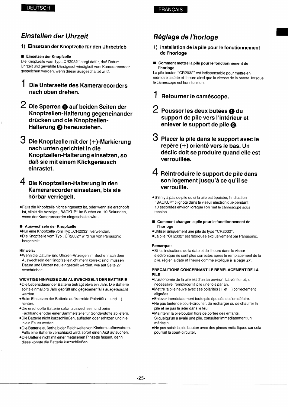 Einstellen der uhrzeit, 1) einsetzen der knopfzelle für den uhrbetrieb, Einsetzen der knopfzelle | Auswechseln der knopfzelle, Hinweis, Wichtige hinweise zum auswechseln der batterie, Réglage de l’horloge, Remarque, Precautions concernant le remplacement de la, Pile | Panasonic NVS7EG User Manual | Page 25 / 118