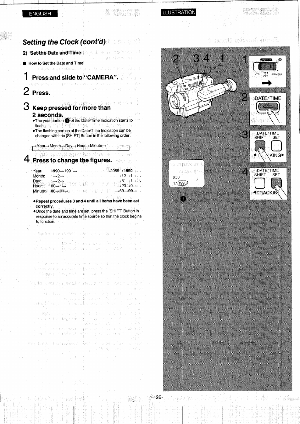 Setting the clock (convd), 2) set the date and time, How to set the date and time | 1 press and slide to “camera, 2 press, 3 keep pressed for more than 2 seconds, A- press to change the figures, Press to change the figures | Panasonic NVS7EG User Manual | Page 26 / 118