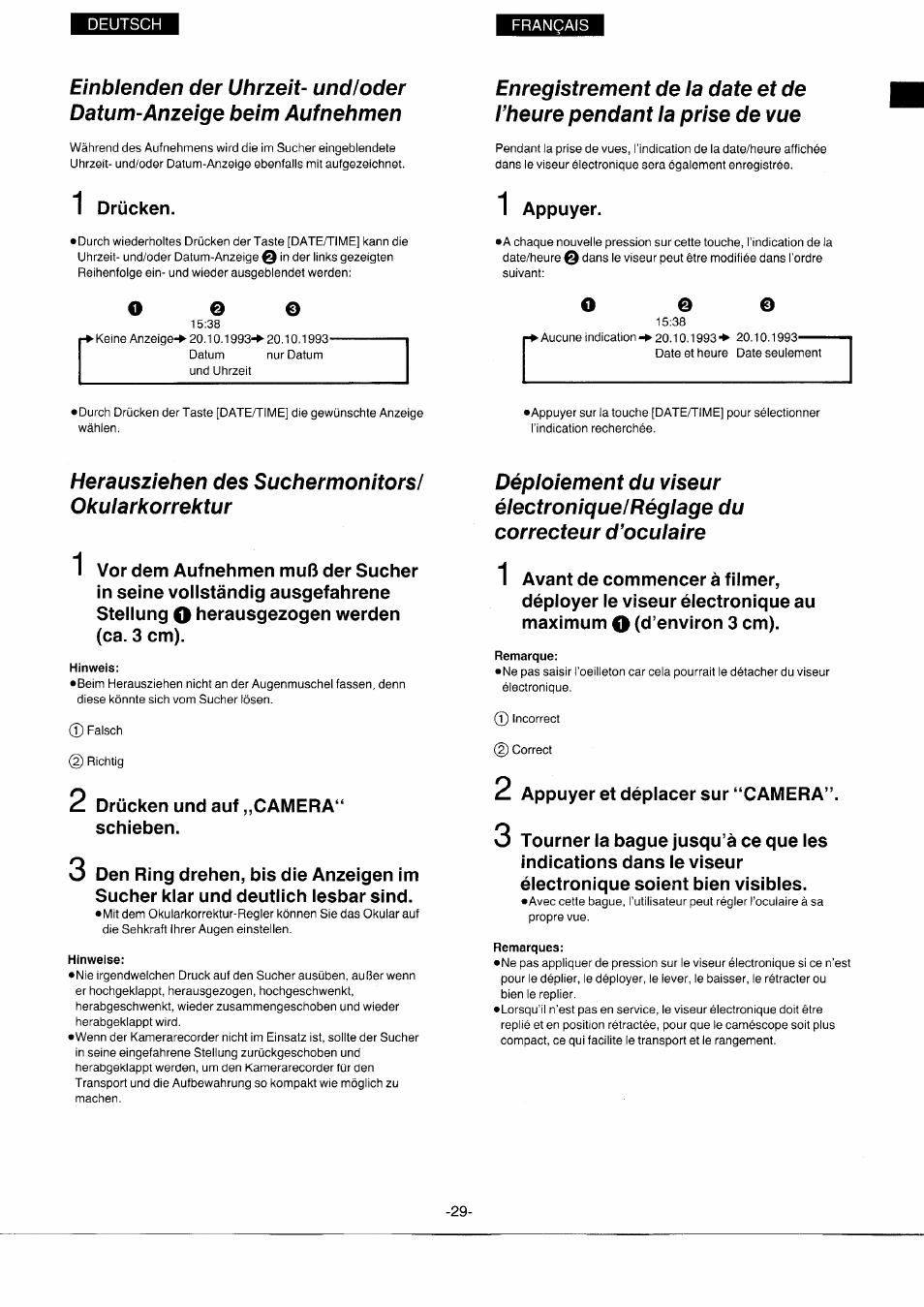 Hinweis, Hinweise, Remarque | Remarques, Herausziehen des suchermonitors/ okularkorrektur | Panasonic NVS7EG User Manual | Page 29 / 118