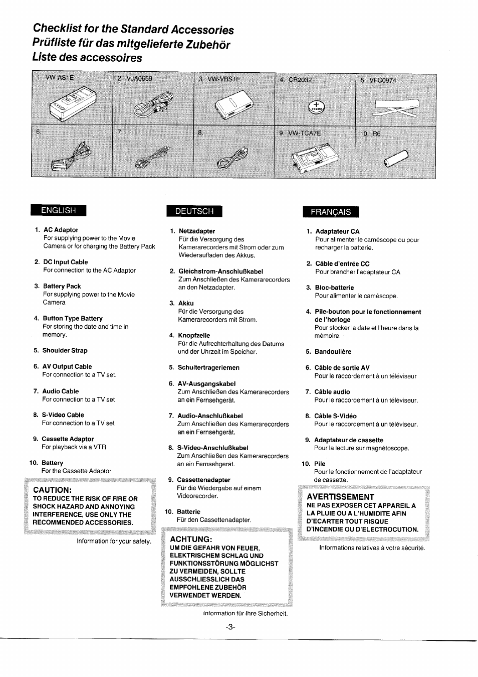 Caution, Achtung, Avertissement | Panasonic NVS7EG User Manual | Page 3 / 118