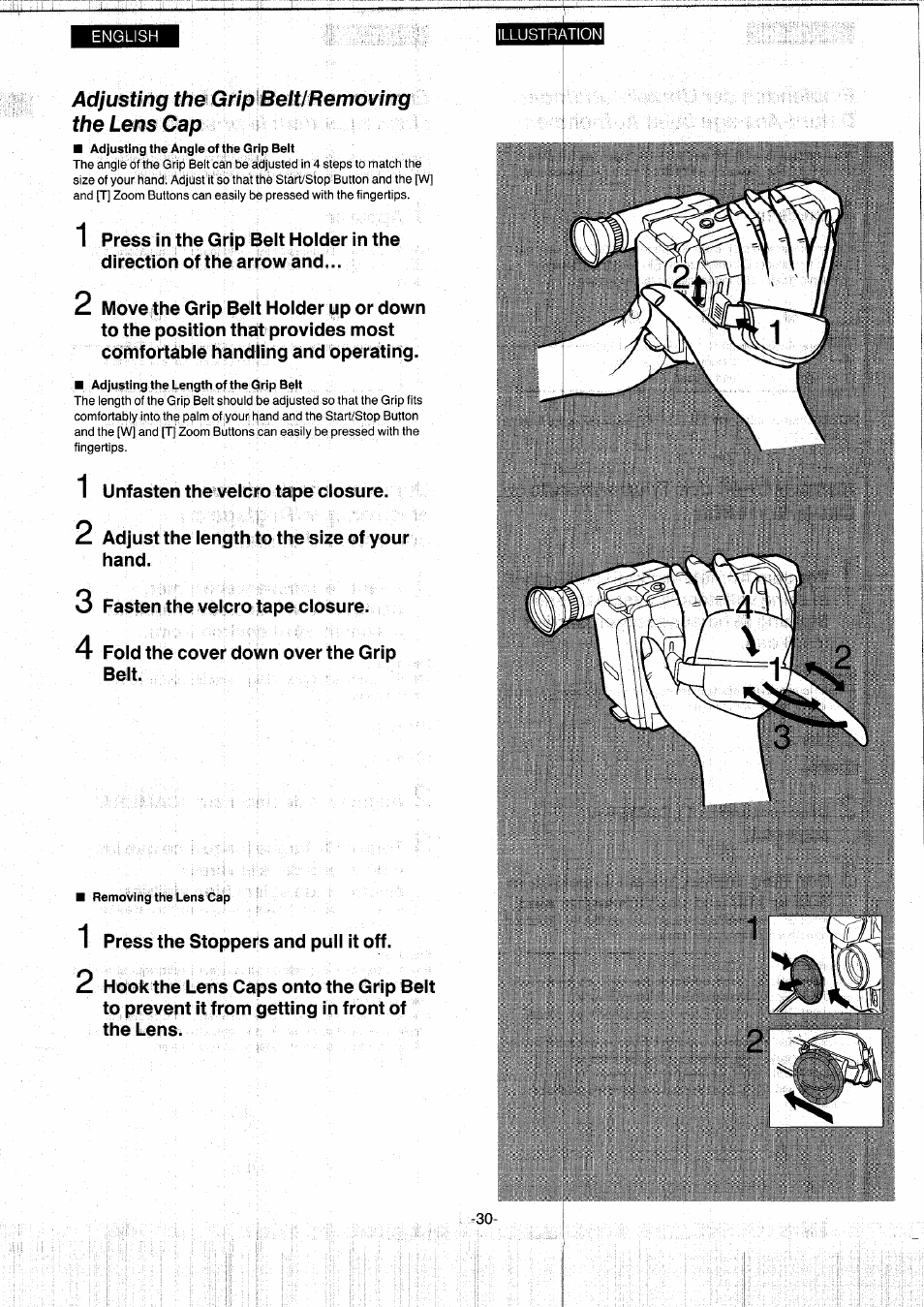 Adjusting the grip beit/removing the lens cap, Adjusting the grip belt/removing the lens cap | Panasonic NVS7EG User Manual | Page 30 / 118
