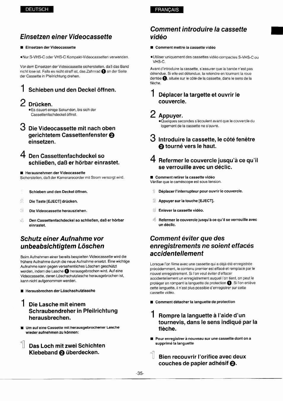 Einsetzen einer videocassette, Comment introduire la cassette vidéo, Schutz einer aufnahme vor unbeabsichtigtem löschen | Panasonic NVS7EG User Manual | Page 35 / 118