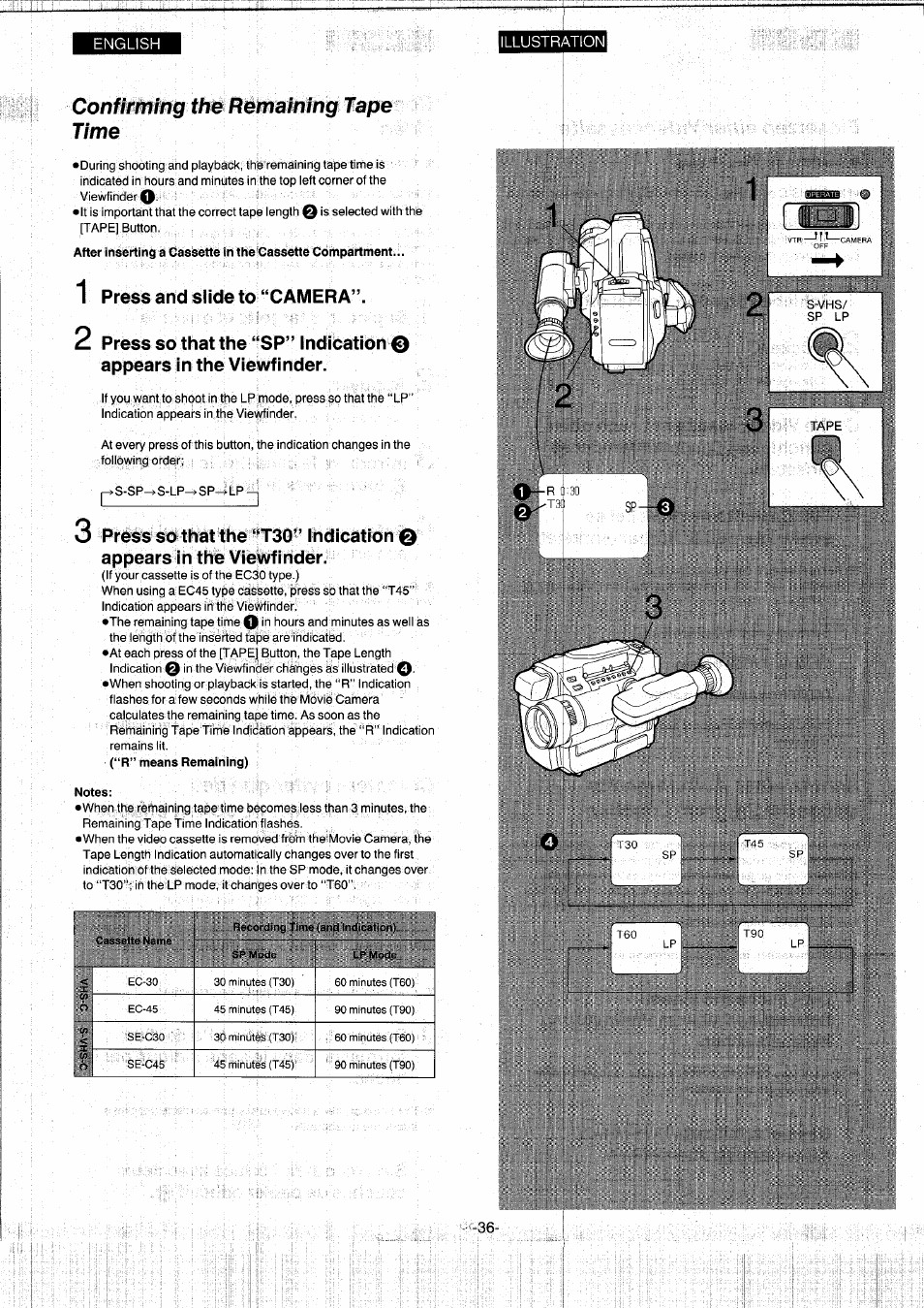 Confirming the remaining tape time, 1 press and slide to “camera, Notes | 1 all g il, Press and slide to “camera | Panasonic NVS7EG User Manual | Page 36 / 118