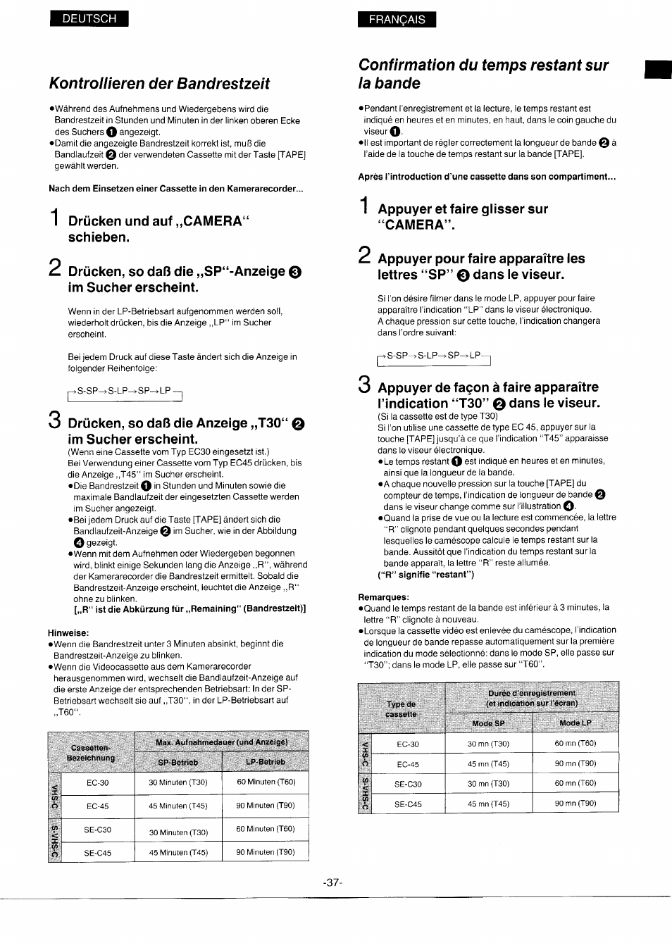 Kontrollieren der bandrestzeit, Confirmation du temps restant sur la bande, Remarques | Drücken und auf „camera“ schieben, Drücken, so, Die „sp“-anzeige 0 im sucher erscheint, Appuyer et faire glisser sur “camera | Panasonic NVS7EG User Manual | Page 37 / 118