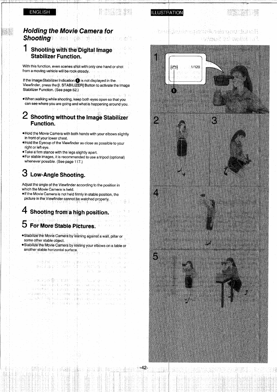 Holding the movie camera for shooting, 2 shooting without the image stabilizer function, 3 low-angle shooting | 4 shooting from a high position, 5 for more stable pictures | Panasonic NVS7EG User Manual | Page 42 / 118