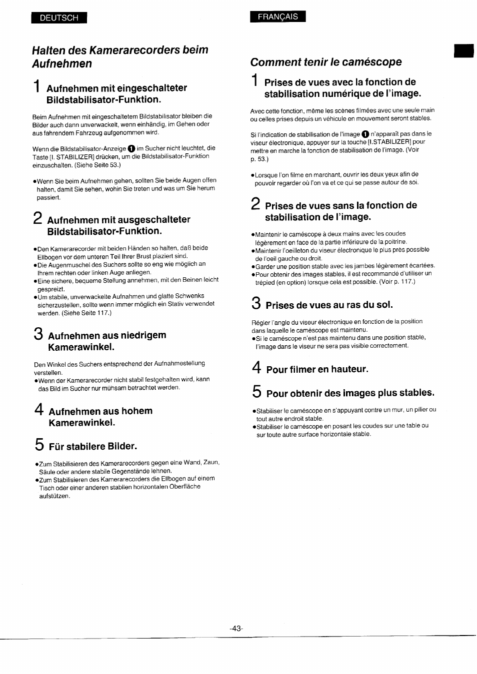 Halten des kamerarecorders beim aufnehmen, Comment tenir le caméscope | Panasonic NVS7EG User Manual | Page 43 / 118