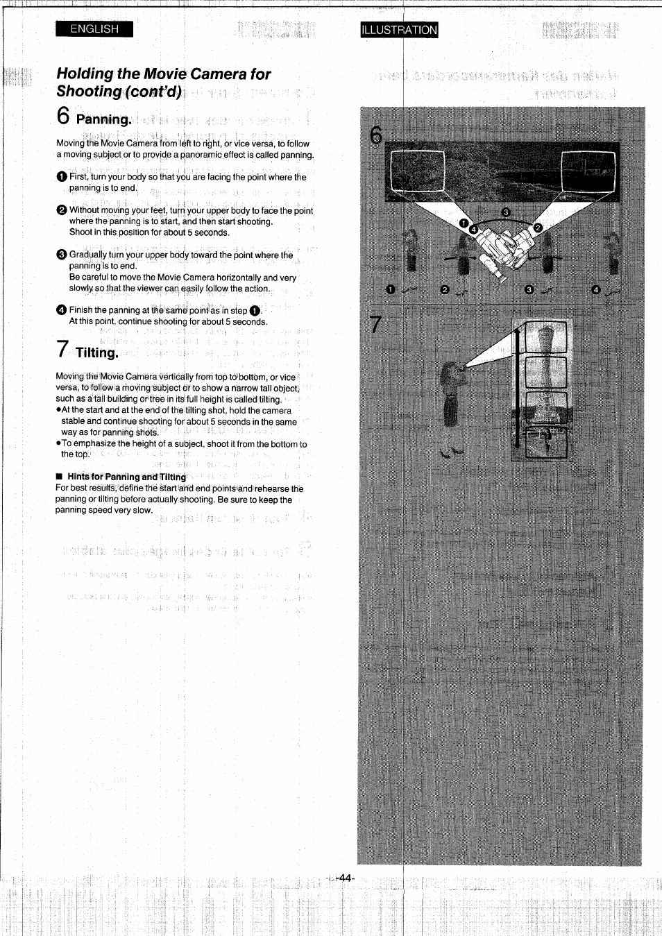 Holding the movie camera for shooting (contd), 6 panning, Tilting | Hints for panning and tilting | Panasonic NVS7EG User Manual | Page 44 / 118