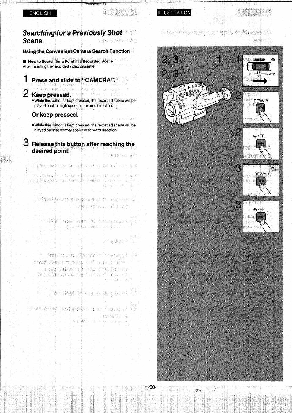 Searching for a previously shot scene, Using the convenient camera search function, How to search for a point in a recorded scene | Press and slide to“gamera, 2 keep pressed, Or keep pressed | Panasonic NVS7EG User Manual | Page 50 / 118