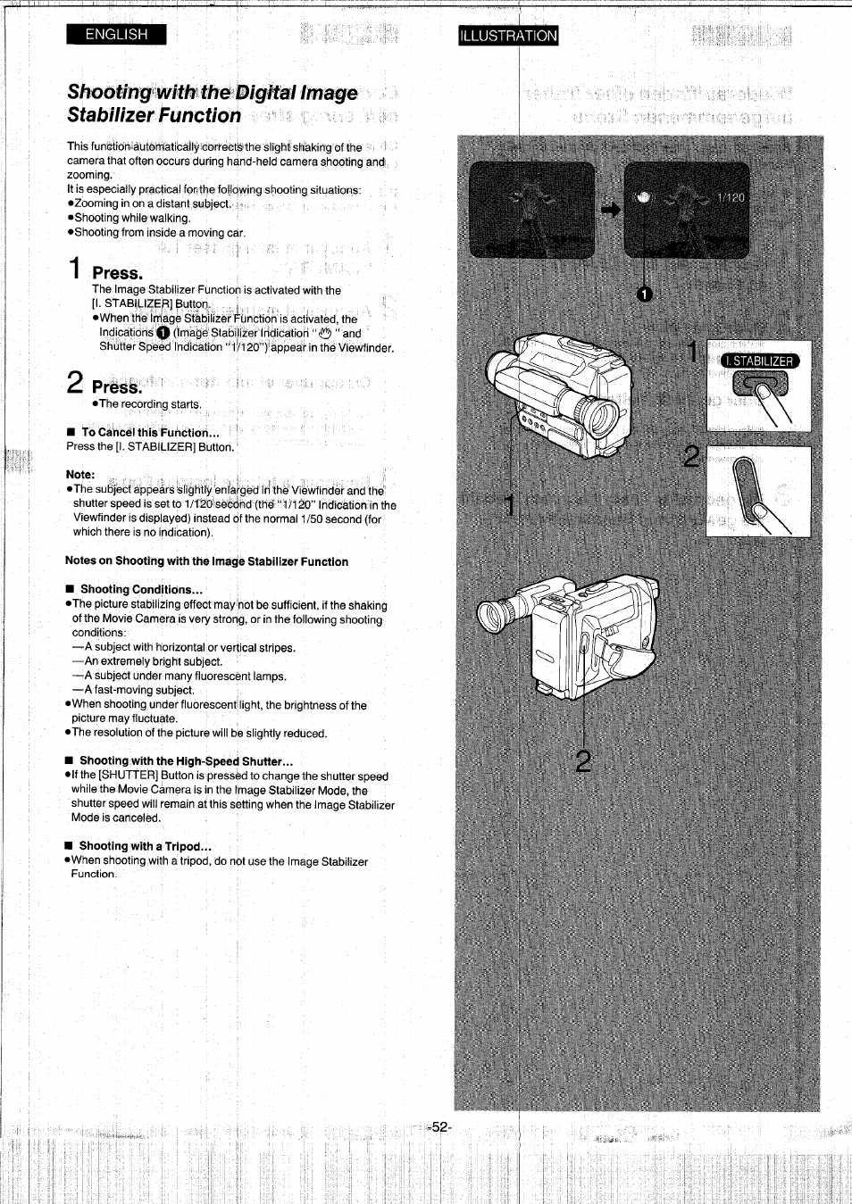 1 press, 2 press, To cancel this fuhction | Note, Shooting conditions, Shooting with the high-speed shutter, Shooting with a tripod | Panasonic NVS7EG User Manual | Page 52 / 118