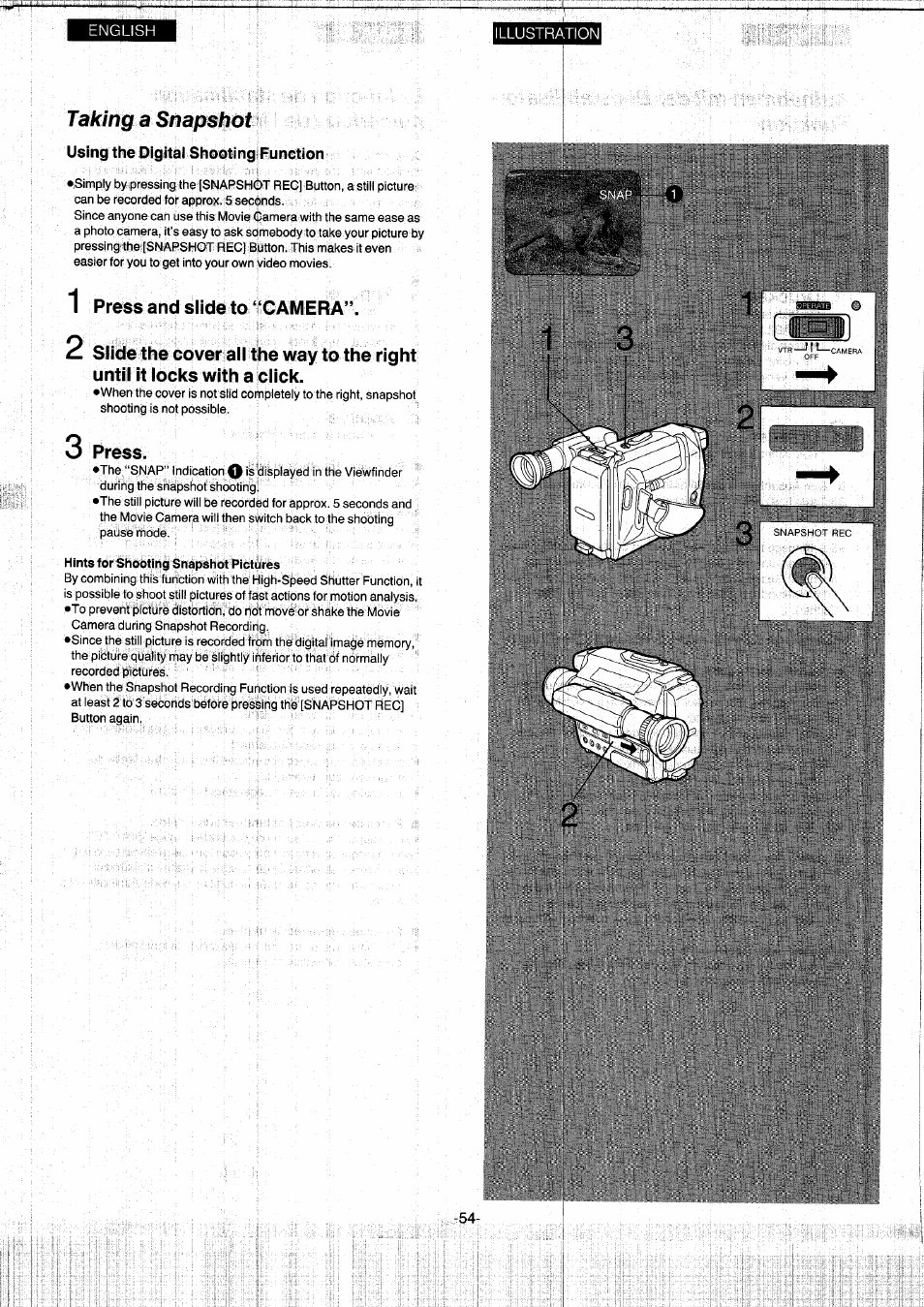 Taking a snapshot, Using the digital shooting function, Press and slide to ‘^camera | Vj press, Hints for shooting snapshot pictures | Panasonic NVS7EG User Manual | Page 54 / 118