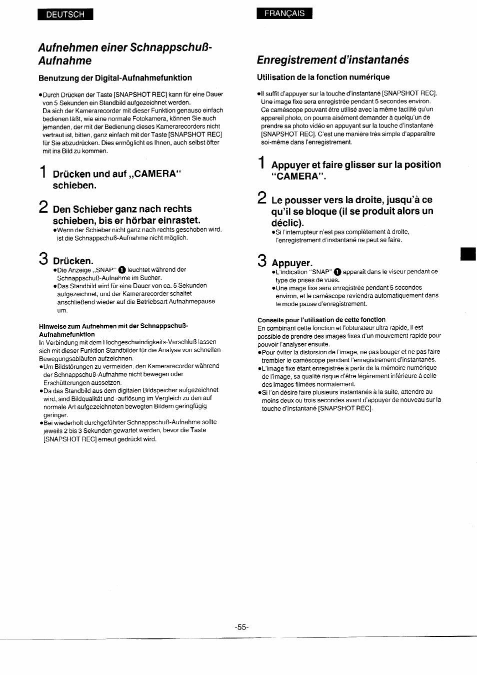 Auf nehmen einer schnappschuß- aufnahme, Benutzung der digital-aufnahmefunktion, Enregistrement d’instantanés | Utilisation de la fonction numérique, Conseils pour l’utilisation de cette fonction, Aufnehmen einer schnappschuß-aufnahme | Panasonic NVS7EG User Manual | Page 55 / 118