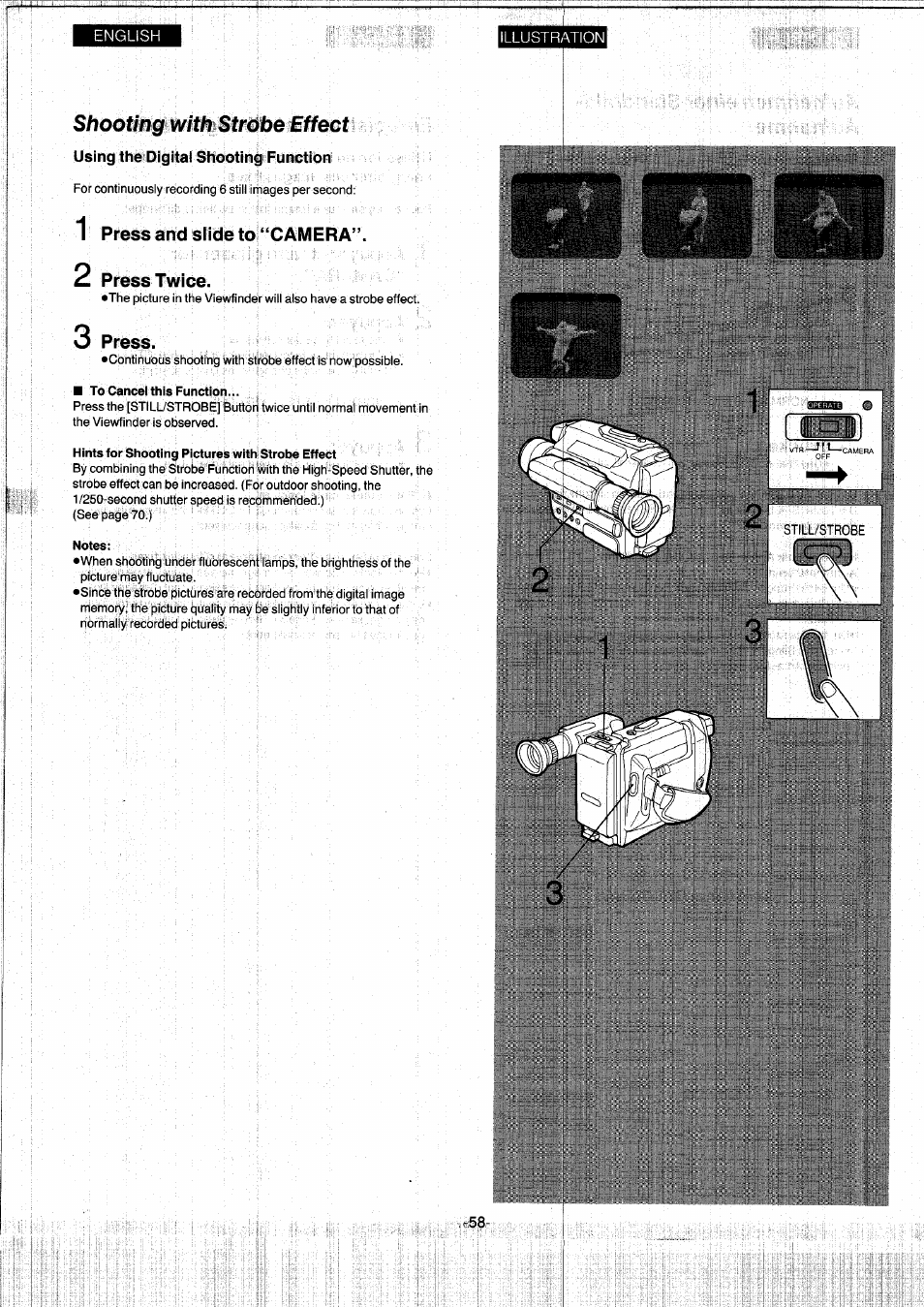 Shooting with strobe effect, Using the digital shootingrpunction, Press and slide to “camera | Press twice, Press, To cancel this function, Hints for shooting pictures with strobe effect, Notes, I l^l | Panasonic NVS7EG User Manual | Page 58 / 118