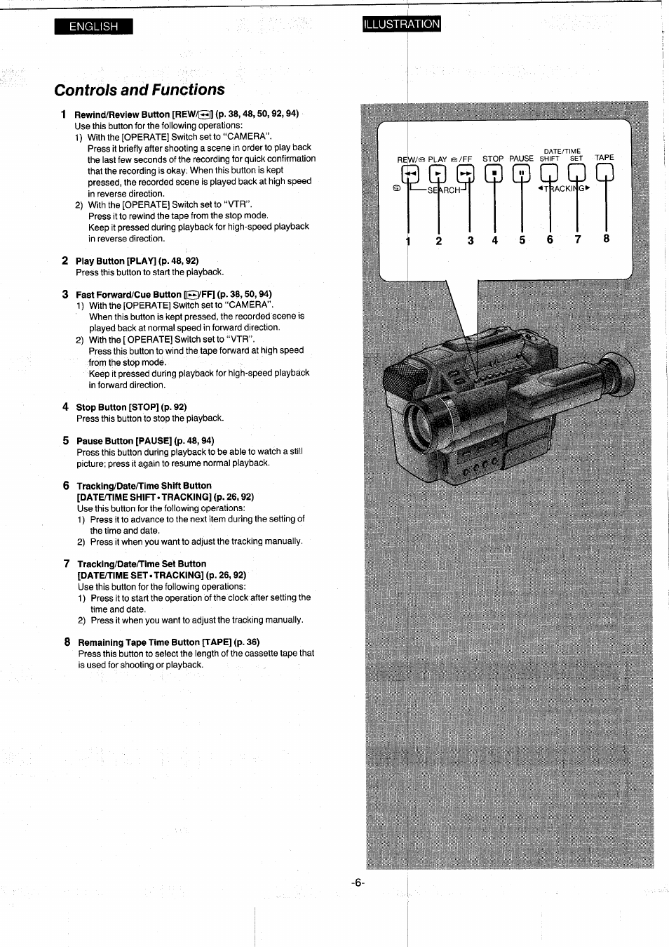 Controls and functions, 1 rewind/review button [rew/q] (p- 38,48,50,92,94), 2 play button [play] (p. 48,92) | 3 fast forward/cue button [q^ff] (p. 38,50,94), 4 stop button [stop] (p. 92), 5 pause button [pause] (p. 48,94), 8 remaining tape time button [tape] (p. 36), B 0 0 0 | Panasonic NVS7EG User Manual | Page 6 / 118