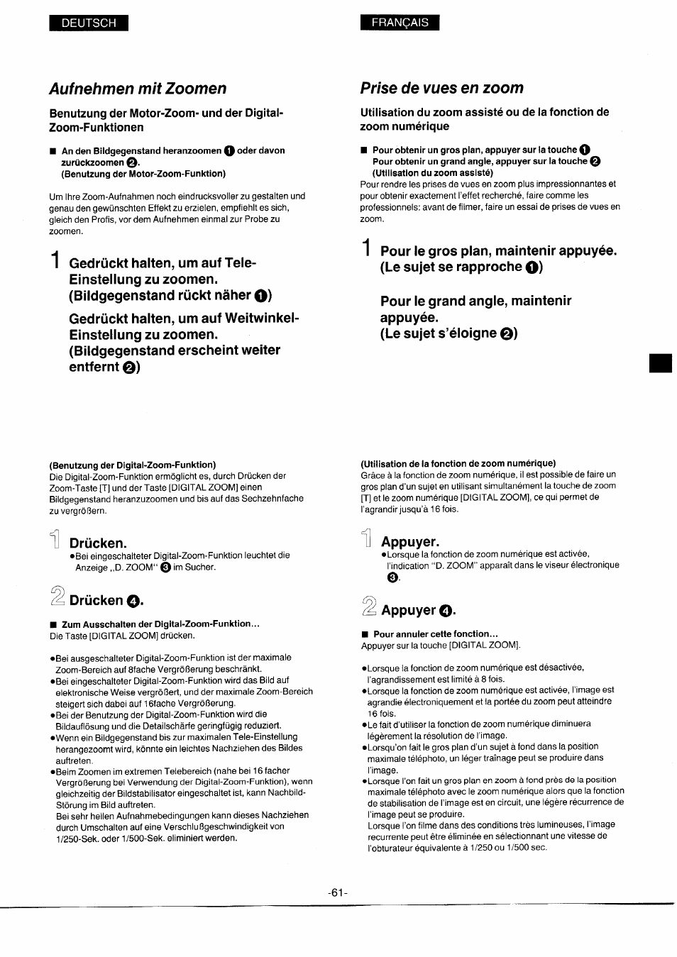 Auf nehmen mit zoomen, An den bildgegenstand heranzoomen o davon, Prise de vues en zoom | Benutzung der digital-zoom-funktion), Utilisation de la fonction de zoom numérique), Zum ausschalten der digital-zoom-funktion, Pour annuler cette fonction, Aufnehmen mit zoomen | Panasonic NVS7EG User Manual | Page 61 / 118