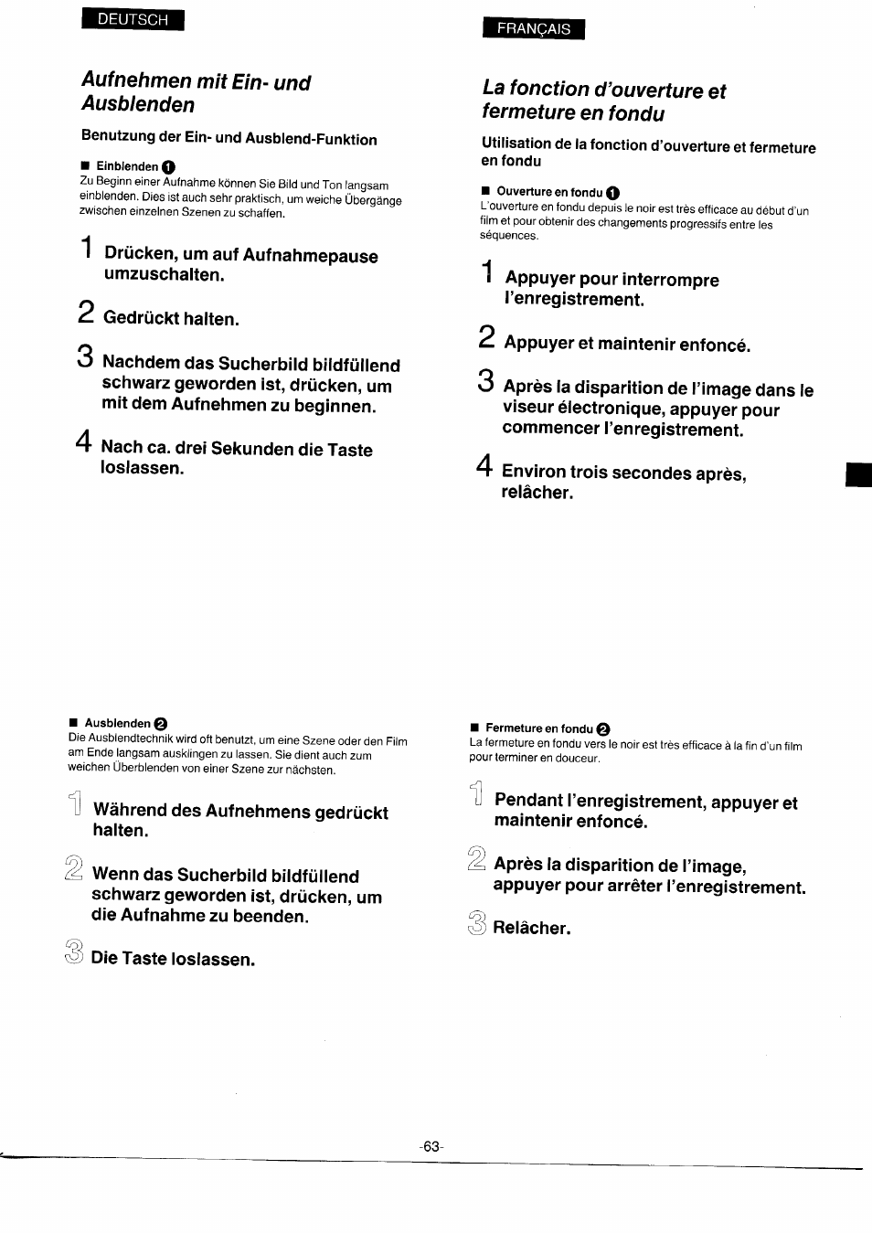 Auf nehmen mit ein- und ausbienden, La fonction d’ouverture et fermeture en fondu, Autnehmen mit ein- und ausblenden | La fonction d'ouverture et fermeture en fondu | Panasonic NVS7EG User Manual | Page 63 / 118