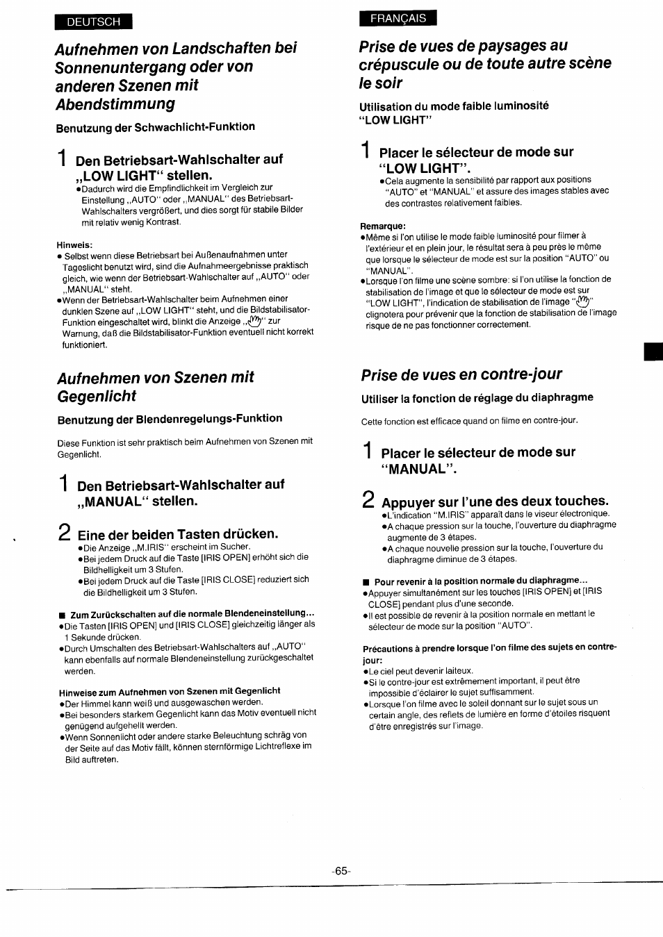 Benutzung der schwachlicht-funktion, Hinweis, Utilisation du mode faible luminosité “low light | Placer le sélecteur de mode sur “low light, Remarque, Benutzung der blendenregelungs-funktion, Eine der beiden tasten drücken, Hinweise zum aufnehmen von szenen mit gegenlicht, Utiliser la fonction de réglage du diaphragme, 1 placer le sélecteur de mode sur “manual | Panasonic NVS7EG User Manual | Page 65 / 118