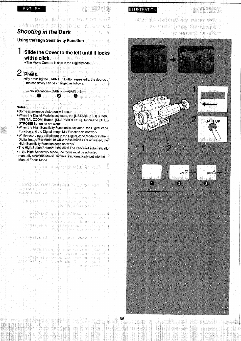 Shooting in the dark, Using the high sensitivity function, 2 press | Notes | Panasonic NVS7EG User Manual | Page 66 / 118